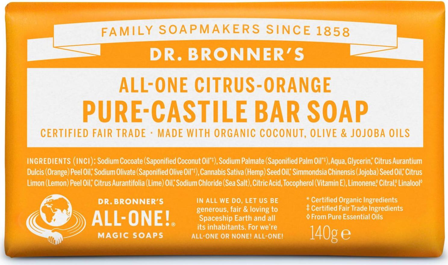 Dr. Bronner's Tuhé mýdlo Citrus-Orange 140 g