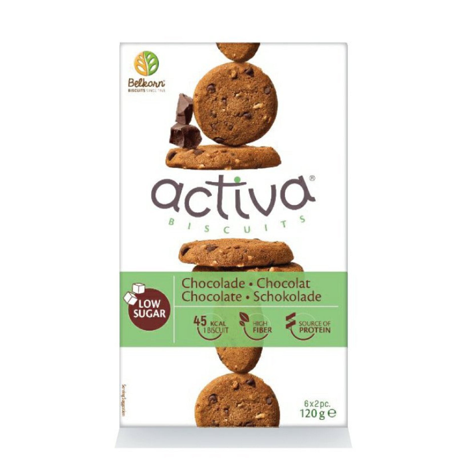 Activa Protein sušenky s vlákninou a sníženým obsahem cukru s belgickou čokoládou 120 g