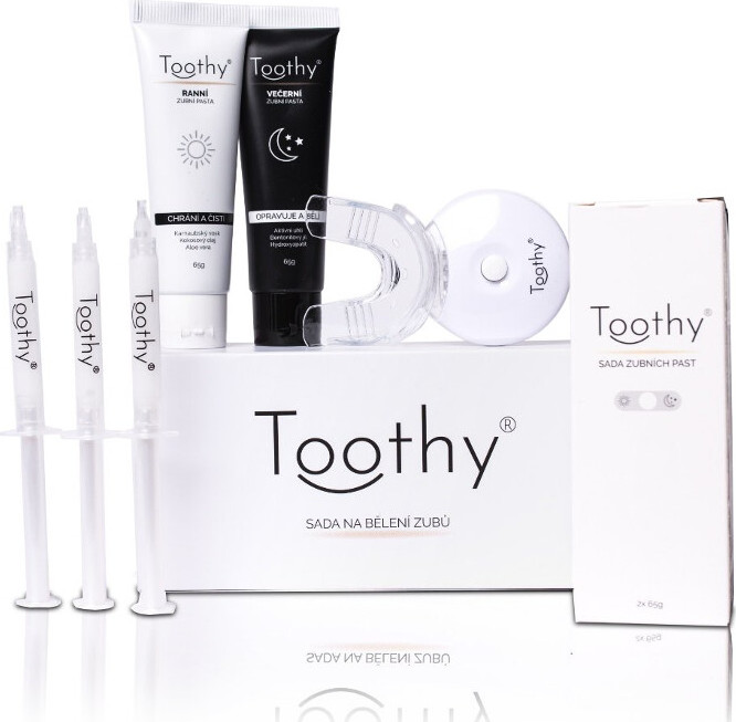 Toothy Launcher Set LED světlo pro bělení zubů + náústek na LED světlo + bělící gely na 6 dní 3 ks + ranní pasta 65 g + večerní pasta 65 g dárková sada