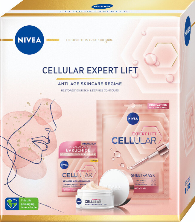 Nivea Cellular Expert Lift denní pleťový krém Cellular Expert Lift 50 ml + textilní pleťová maska Cellular Expert Lift 1 ks dárková sada