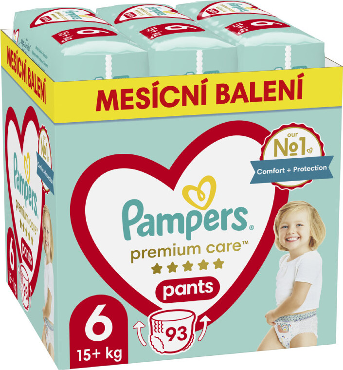 Pampers Premium Care kalhotkové plenky velikost 6 15+kg měsíční balení 93 ks